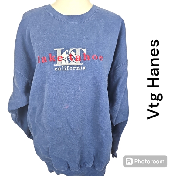 Hanes Other - Vintage Hanes Sweatshirt Single Stitch Lake Tahoe Embroidered XL Blue GUC
